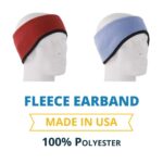 Two fleece earbands are displayed on white mannequin heads. One earband is red and the other is light blue. Below the earbands  text indicates features and material specifications. Text reads: FLEECE EARBAND MADE IN USA 100% Polyester