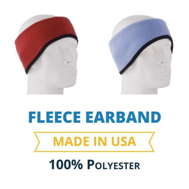 Fleece Earband - Made in USA Two fleece earbands are displayed on white mannequin heads. One earband is red and the other is light blue. Below the earbands text indicates features and material specifications. Text reads: FLEECE EARBAND MADE IN USA 100% Polyester