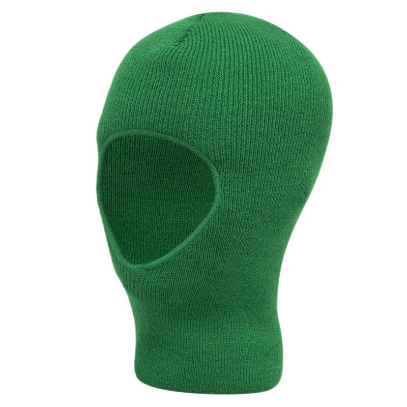 A green knit balaclava sits upright showcasing openings for the eyes and face in a plain setting emphasizing its texture and color without distraction from other objects.