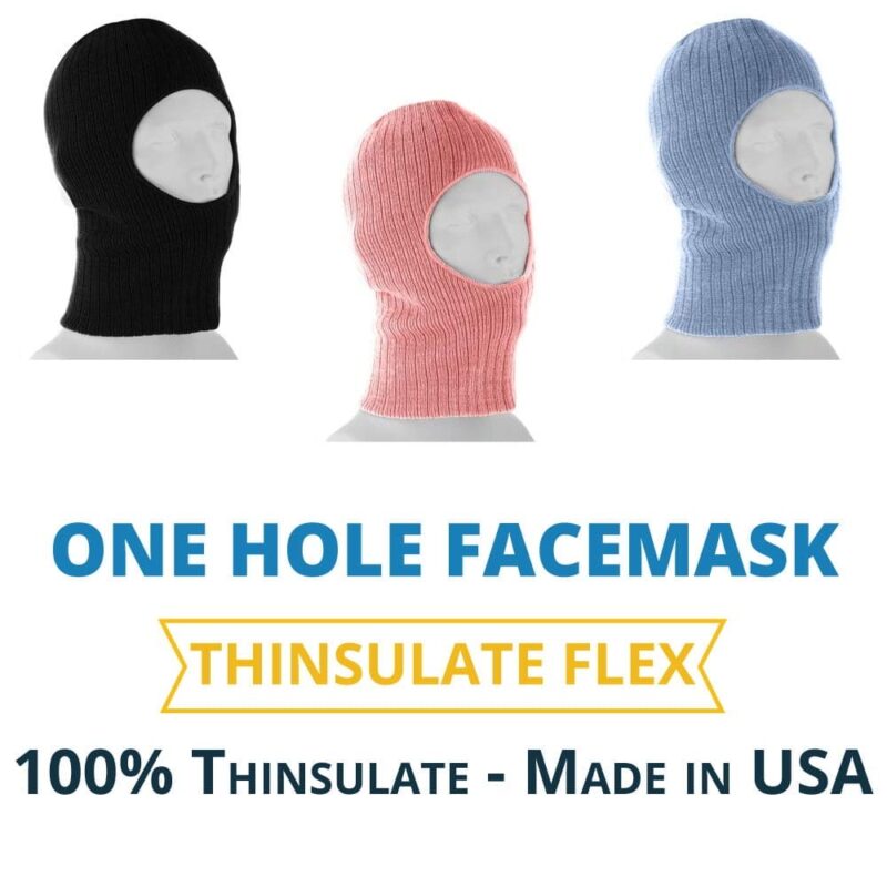 Three knitted one-hole facemasks in black  pink  and blue are displayed on white mannequin heads with text below stating ONE HOLE FACEMASK THINSULATE FLEX 100% Thinsulate - Made in USA.