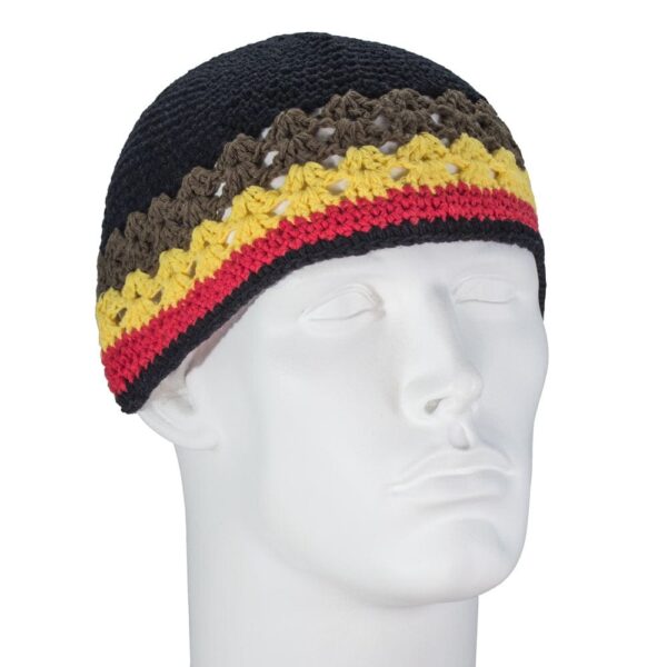 A black crocheted beanie is displayed on a white mannequin head featuring colorful horizontal stripes of brown yellow and red at the bottom in a neutral background.