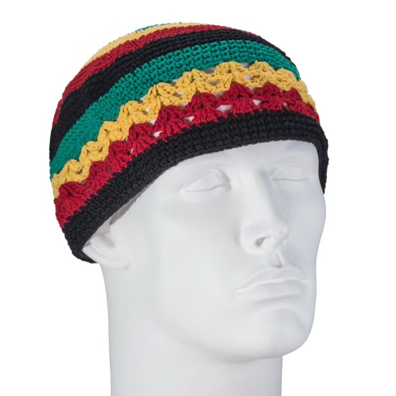 Dual Weave Kufi A knitted beanie features horizontal stripes of red yellow green and black worn on a mannequin head displaying a neutral expression in a plain background environment.