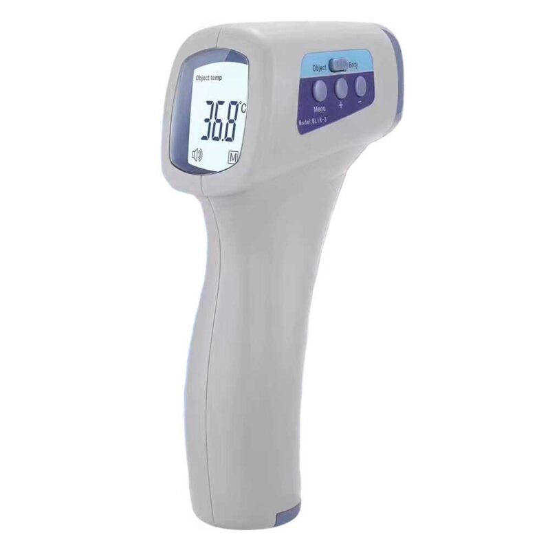 Instant Digital Thermometer A handheld thermometer displays a current temperature reading of 36.8°C indicating the object mode with various buttons for operation set against a plain background.