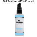 A clear plastic bottle contains gel sanitizer with a pump top the label states it is Guardian hand sanitizer with 80% ethanol and is 2 fluid ounces in size with a light blue design