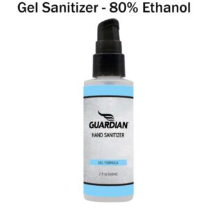 A clear plastic bottle contains gel sanitizer with a pump top the label states it is Guardian hand sanitizer with 80% ethanol and is 2 fluid ounces in size with a light blue design