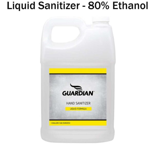 A plastic container of liquid hand sanitizer labeled as GUARDIAN holds 80% ethanol. It is designed for sanitization and is presented with a yellow and gray color scheme on the label.