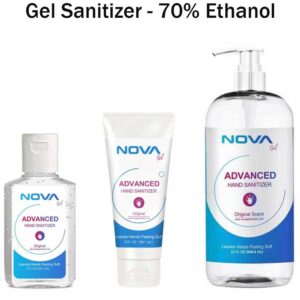 Three bottles of hand sanitizer are displayed on a white background. Each container is labeled "NOVA Gel Advanced Hand Sanitizer " with the middle tube also stating "Leaves Hands Feeling Soft" and "Original Scent."