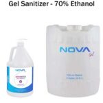 Two containers of gel sanitizer are displayed side by side with a smaller one on the left labeled Advanced Hand Sanitizer and a larger one on the right labeled 70% v/v Ethanol 5 Gallon 18.9 L