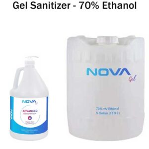 Two containers of gel sanitizer are displayed side by side with a smaller one on the left labeled Advanced Hand Sanitizer and a larger one on the right labeled 70% v/v Ethanol 5 Gallon 18.9 L