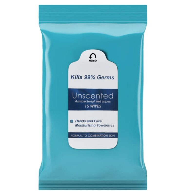 A blue packaging of antibacterial wet wipes is displayed featuring a label that states Kills 99% Germs Unscented 15 Wipes Hands and Face Moisturizing Towelettes Normal to Combination Skin.