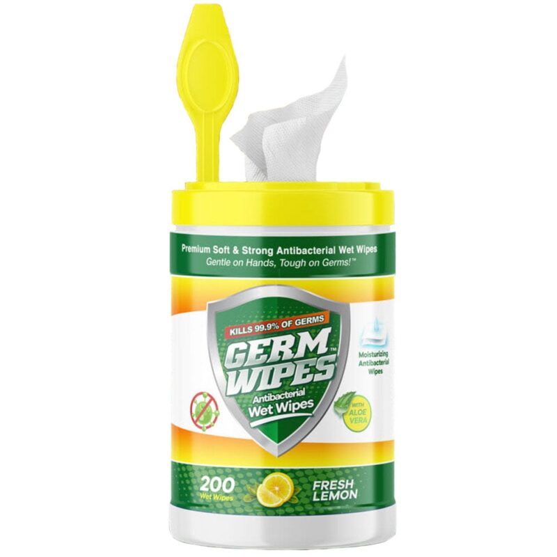 200pc Antibacterial Wipes - Fresh Lemon Scent A cylindrical container of antibacterial wet wipes is being opened with a white wipe partially pulled out the top. The container features bright yellow and green colors and a fresh lemon scent.