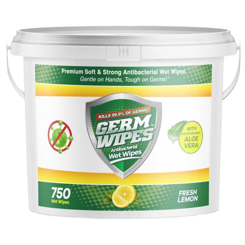 750pc Antibacterial Wipes - Fresh Lemon Scent A white bucket contains antibacterial wet wipes labeled Germ Wipes. It advertises killing 99.9% of germs and mentions moisturizing aloe vera and a fresh lemon scent. Contains 750 wipes.