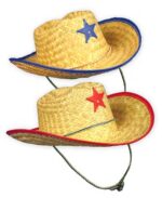 Two straw cowboy hats are displayed with one on top of the other The top hat has a blue star and the bottom hat has a red star Both hats have decorative brims and chin straps