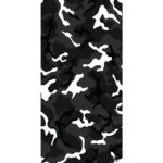 A black and white camouflage pattern covers the entire surface featuring abstract shapes and fluid lines blending together creating a dynamic visual texture suitable for military or outdoor themes.