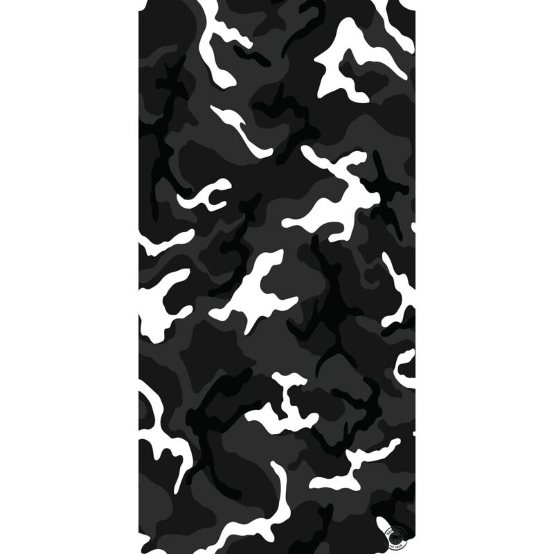 Camo Tube Headband A black and white camouflage pattern covers the entire surface featuring abstract shapes and fluid lines blending together creating a dynamic visual texture suitable for military or outdoor themes.