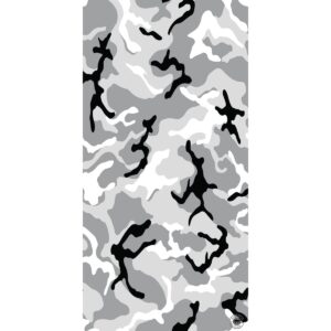 A camouflage pattern featuring various shades of gray white and black shapes flowing across the surface creating an abstract design often used in military clothing and accessories.