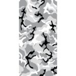 A pattern features varying shades of gray and white with black shapes resembling camouflage. It is designed to blend into a diverse gray-toned environment.