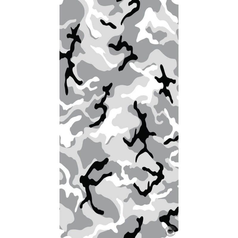 Camo Tube Headband A pattern features varying shades of gray and white with black shapes resembling camouflage. It is designed to blend into a diverse gray-toned environment.