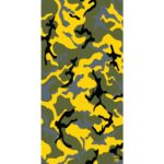 A camouflage pattern featuring bold yellow black green and gray abstract shapes creating a dynamic visual effect suitable for clothing or military gear in an outdoor or tactical context