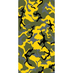 A camouflage pattern featuring bold yellow black green and gray abstract shapes creating a dynamic visual effect suitable for clothing or military gear in an outdoor or tactical context