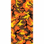 A camouflage pattern featuring vibrant shades of orange yellow brown and black with fluid abstract shapes creating a visually striking design that suggests a playful yet rugged context.