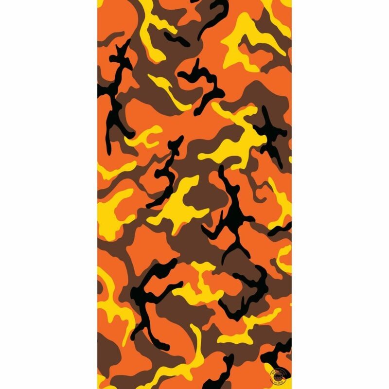 Camo Tube Headband A camouflage pattern featuring vibrant shades of orange yellow brown and black with fluid abstract shapes creating a visually striking design that suggests a playful yet rugged context.