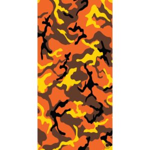 A vibrant camouflage pattern features swirling shapes in orange  yellow  brown  and black. The design creates a dynamic visual effect  suitable for outdoor apparel or accessories.