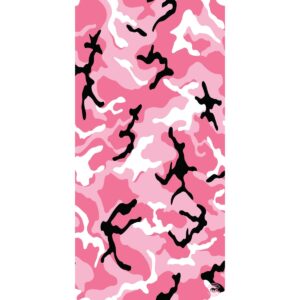 A pink camouflage pattern features various shades of pink and white with black abstract shapes scattered throughout  creating a vibrant and dynamic visual effect suitable for fabric or design.