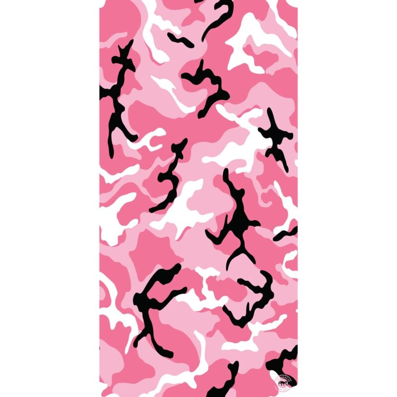 Camo Tube Headband A pink camouflage pattern features various shades of pink and white with black abstract shapes scattered throughout creating a vibrant and dynamic visual effect suitable for fabric or design.