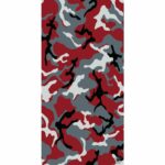 A camouflage pattern features swirling shapes in red gray black and white colors creating an abstract design suitable for military or fashion use set against a neutral background.