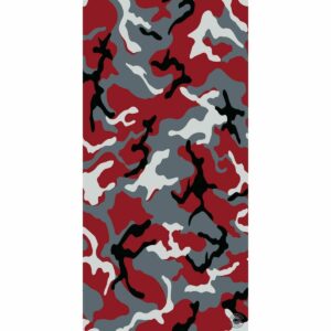 A camouflage pattern features swirling shapes in red gray black and white colors creating an abstract design suitable for military or fashion use set against a neutral background.