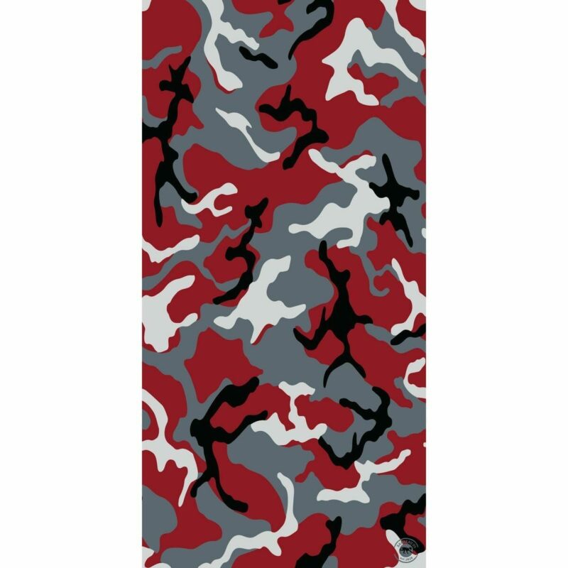 Camo Tube Headband A camouflage pattern features swirling shapes in red gray black and white colors creating an abstract design suitable for military or fashion use set against a neutral background.