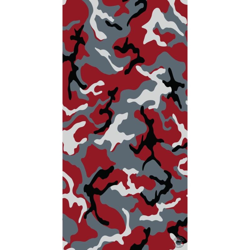 Camo Tube Headband A camouflage pattern features swirling shapes in red gray black and white creating a chaotic yet balanced design suitable for military or fashion contexts