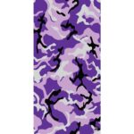 A purple and black camouflage pattern features swirling shapes in various shades of purple and gray creating a dynamic visual texture suitable for clothing or design purposes.
