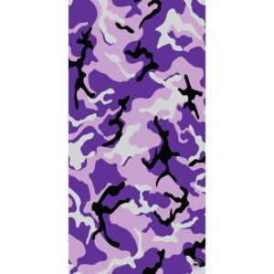 A purple and black camouflage pattern features swirling shapes in various shades of purple and gray creating a dynamic visual texture suitable for clothing or design purposes.