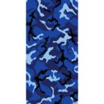 A blue camouflage pattern covers the surface with various shades of blue and black shapes creating an abstract design intended for concealment in marine or aquatic settings.