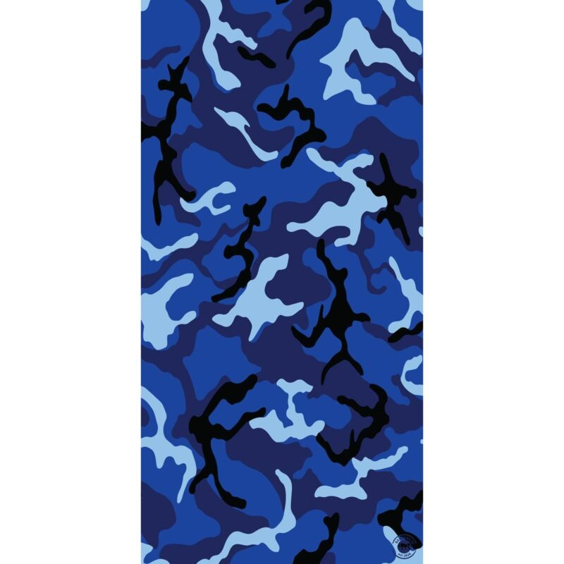 Camo Tube Headband A blue camouflage pattern covers the surface with various shades of blue and black shapes creating an abstract design intended for concealment in marine or aquatic settings.