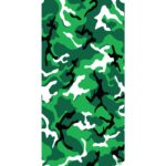 A camouflage pattern features various shades of green with black and white shapes interspersed throughout. The design creates an abstract  chaotic appearance resembling natural foliage.