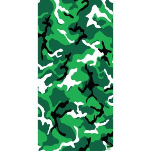 A camouflage pattern features various shades of green with black and white shapes interspersed throughout. The design creates an abstract  chaotic appearance resembling natural foliage.