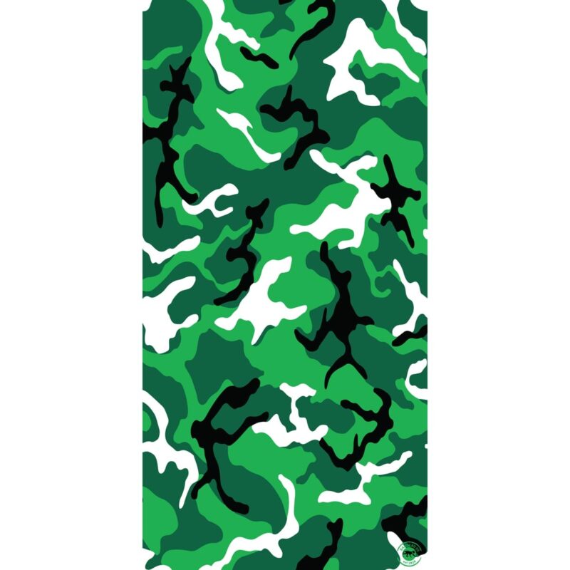 Camo Tube Headband A camouflage pattern features various shades of green with black and white shapes interspersed throughout. The design creates an abstract chaotic appearance resembling natural foliage.