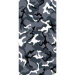 A camouflage pattern features various shades of gray  black  and white in abstract shapes  creating a textured visual effect commonly used in military and outdoor gear  set against a plain background.