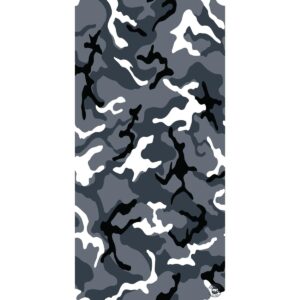 A camouflage pattern features various shades of gray  black  and white in abstract shapes  creating a textured visual effect commonly used in military and outdoor gear  set against a plain background.