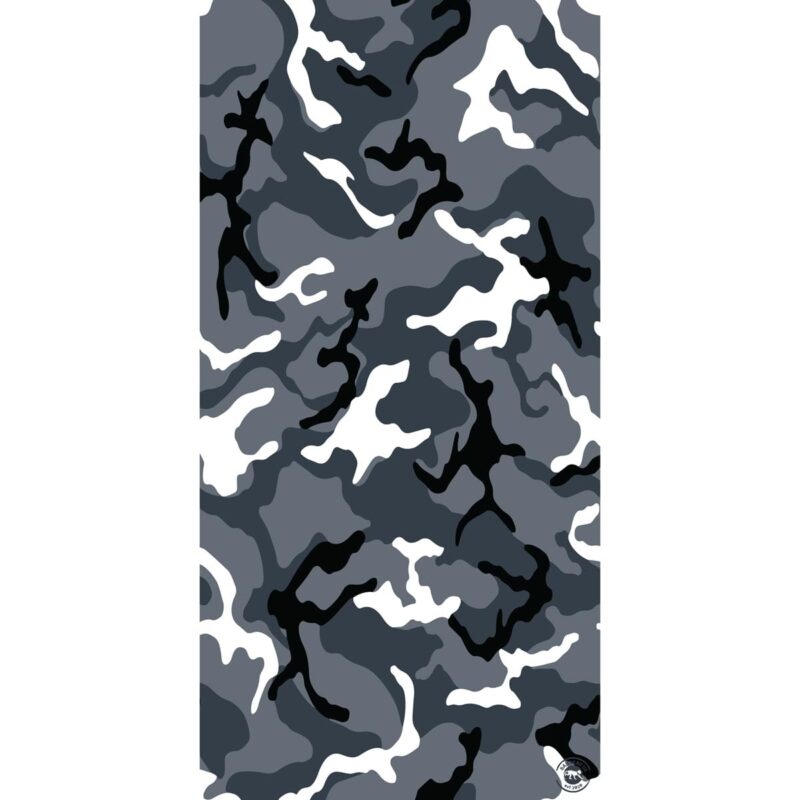Camo Tube Headband A camouflage pattern features various shades of gray black and white in abstract shapes creating a textured visual effect commonly used in military and outdoor gear set against a plain background.