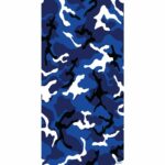 A camouflage pattern features swirling shapes in various shades of blue black and white creating a dynamic and abstract visual suitable for military or outdoor themes