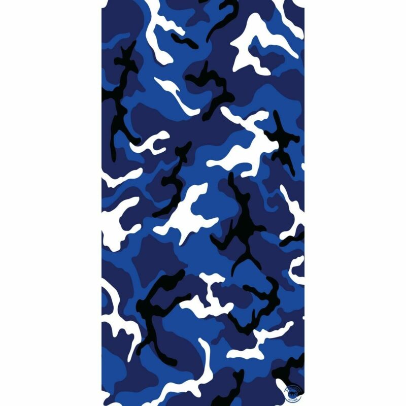 A camouflage pattern features swirling shapes in various shades of blue black and white creating a dynamic and abstract visual suitable for military or outdoor themes