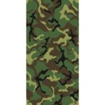 A camouflage pattern displays various shades of green and brown interspersed with black shapes creating an abstract design suitable for blending into natural environments like forests or jungles.