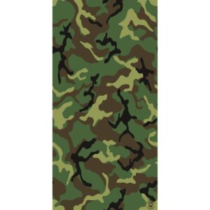 A camouflage pattern displays various shades of green and brown interspersed with black shapes creating an abstract design suitable for blending into natural environments like forests or jungles.