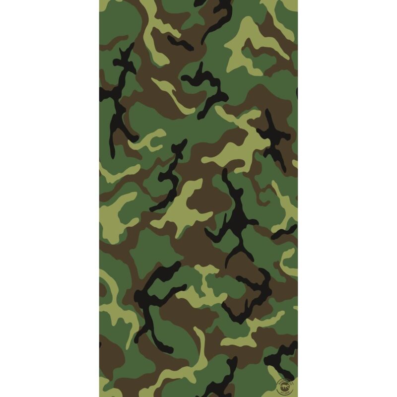 Camo Tube Headband A camouflage pattern displays various shades of green and brown interspersed with black shapes creating an abstract design suitable for blending into natural environments like forests or jungles.