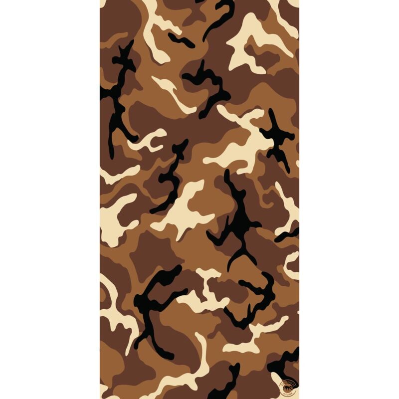 Camo Tube Headband A camouflage pattern featuring various shades of brown tan and black forms fluid shapes across the surface creating a textured appearance suitable for military or outdoor clothing and equipment.