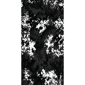 A vertical pattern of black and white digital camouflage displays an abstract arrangement of squares and irregular shapes creating a textured design suitable for military use.